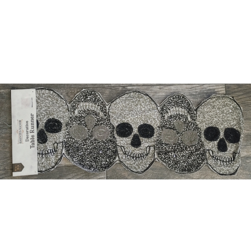 Beaded table runner skull skeleton grey black halloween day of the dead